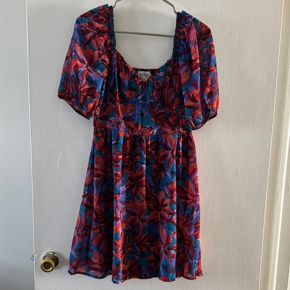 Jessica Simpson Red and Blue Sundress with Puff Sleeves